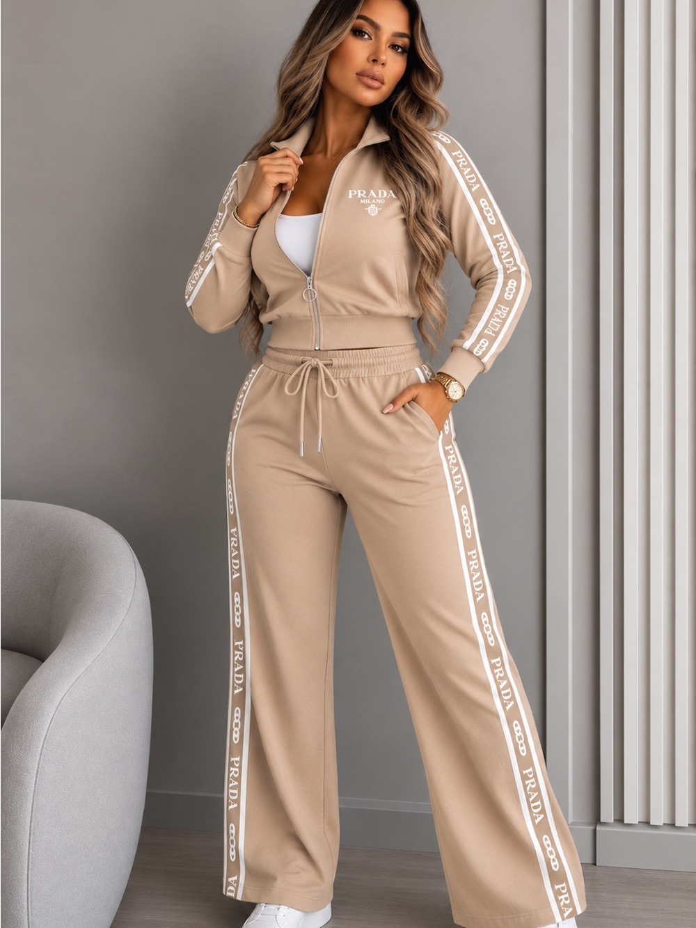 Beige Track Pants & Jacket Matching Two piece Set  Tracksuit size S